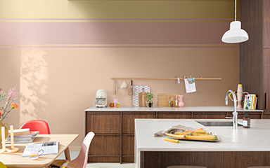 Kitchen with three-tone wall and white lamp shade