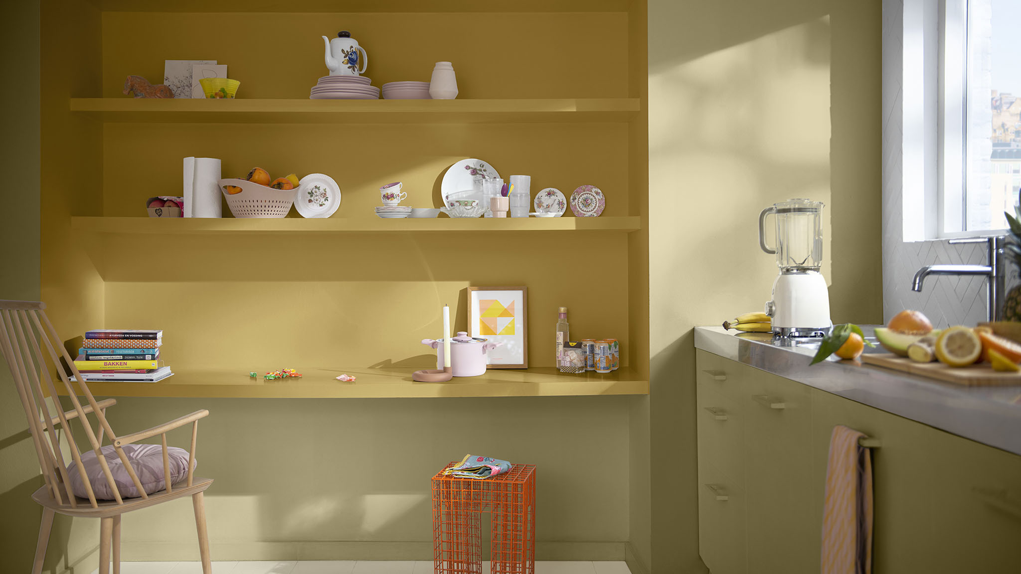 Kitchen with bright yellow shelving