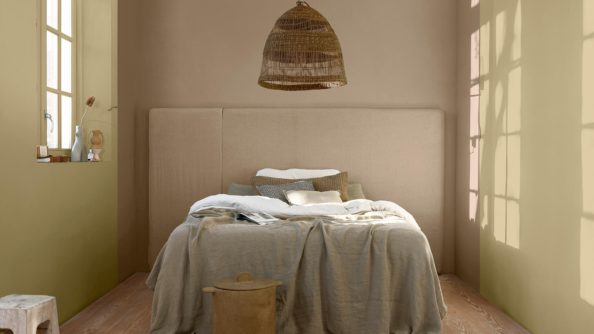 Bedroom with soft brown and golden yellow walls