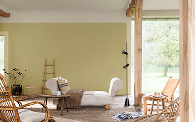 livingroom with straw yellow walls and big window on right handside